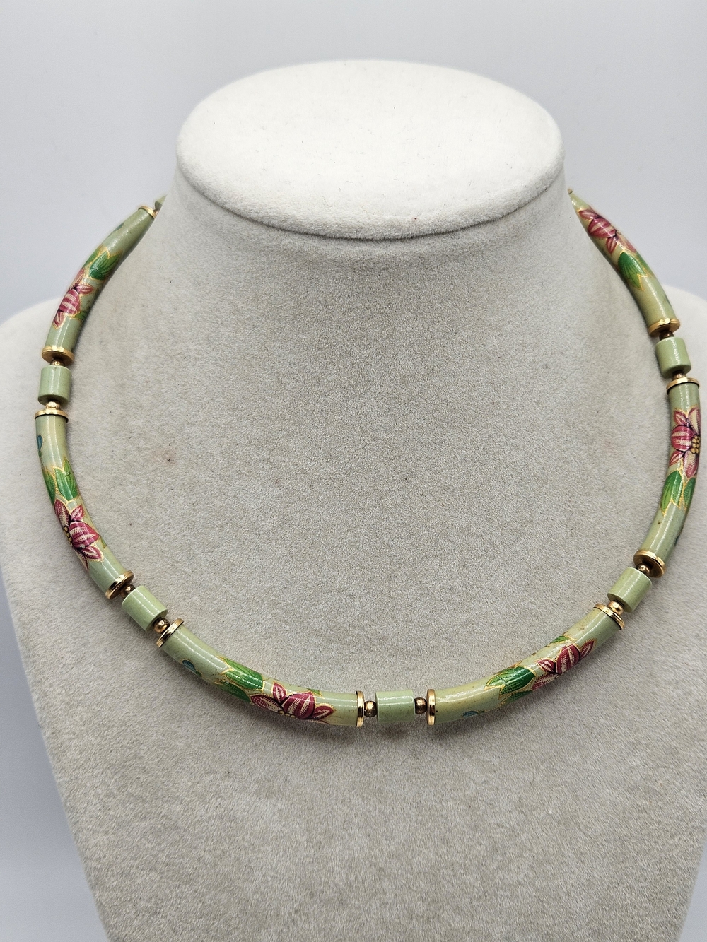 VINTAGE Hand Painted Green Pink Floral Ceramic Beaded Choker Necklace Made Japan